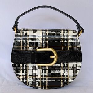 Patricia Nash Annfield Saddle Bag Leather Crossbody Handle Black White Plaid NWT